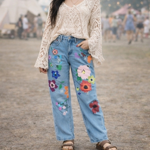 MISSLOOK Denim - Flower Power retro baggy  straight leg hi rise painted denim jeans W29 L29